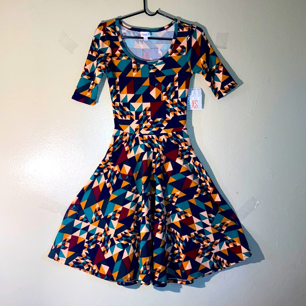 NWT LulaRoe Color Block Fit & Flare Argyle Pleated Swift Dress Size XS